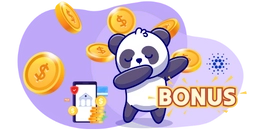 Cartoon Panda mit fallenden Münzen, einem Telefon mit Banking-App-Anzeige und BONUSSCHILD.