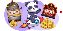 Ein Comic-Panda reitet vergnügt auf einer Rakete zwischen zwei Spielautomaten, umgeben von einem Haufen Goldmünzen.