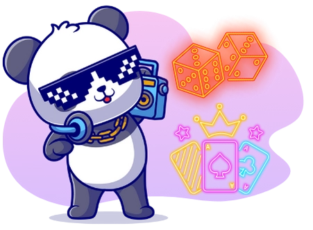 Ein trendiger Cartoon-Panda mit pixeliger Sonnenbrille und einer goldenen Kette hält einen Boombox, während neonfarbene Spielkarten, Würfel, eine Krone und Sterne im Hintergrund glitzern.
