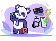 Ein Cartoon-Panda mit Geld, Kreditkarte und Zahlungssymbolen.