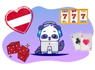 Cartoon-Panda mit Würfeln, Karten, Spielautomaten und einem Herzen mit Österreich-Flagge im Hintergrund