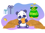 Cartoon-Panda sitzt auf einem Stapel Goldmünzen mit grünem Beutel und Bonustext im Hintergrund