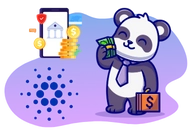Cartoon-Panda mit lila Krawatte trägt einen Geldbeutel mit Cardano-Logo und einem Mobiltelefon im Hintergrund