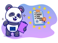 Kartoon-Panda hält einen Planer mit dem Cardano-Logo