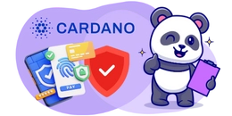 Cartoon-Panda schaut zustimmend, während im Hintergrund Verifizierungs- und Cardano-Symbole zu sehen sind