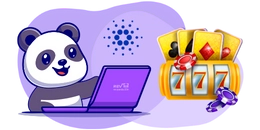 Cartoon-Panda verwendet einen Computer neben einem Spielautomaten, während im Hintergrund ein Cardano-Logo auftaucht