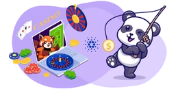 Ein Cartoon-Panda angelt eine Goldmünze und im Hintergrund sind ein Computer und ein Cardano-Logo zu sehen.