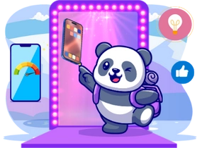 Glücklicher Cartoon-Panda in einer lila Handtasche vor einem Hintergrund mit goldenen Stapeln