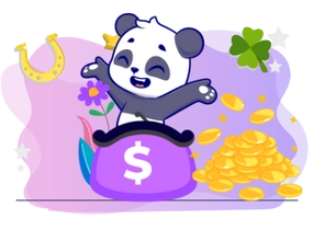 Cartoon-Panda hält ein Mobiltelefon neben Karten, Chips und einem Tisch
