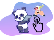 Cartoon-Panda mit Tablet, Fingerzeig und Handy samt Kreditkarte.