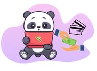 Cartoon-Panda mit einem roten Laptop, daneben Hände mit Geld und Kreditkarten.
