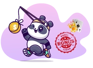 Panda mit einer Angel, Bonusstempel und Spielkarten.