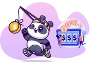 <p>Ein Cartoon-Panda angelt nach Geld mit einem Spielautomaten im Hintergrund.</p>