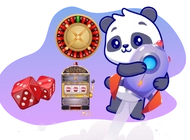 Ein Cartoon-Panda fliegt auf einer Rakete, im Hintergrund sind ein Spielautomat, ein Roulette-Rad und Würfel.