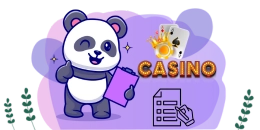 Cartoon-Panda im Casino, hält eine Liste, daneben Spielkarten.