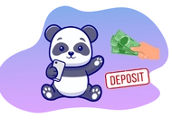 Ein Cartoon-Panda hält ein Handy, daneben eine Hand voller Geld und ein Schriftzug.