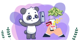 Cartoon-Panda mit Smartphone, Geld und einer Hand, die eine Kreditkarte hält.