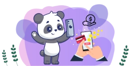 <p>Ein niedlicher Panda hebt triumphierend die Arme mit einem Smartphone, während im Hintergrund Geld von einem weiteren Handy überwiesen wird.</p>