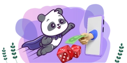 <p>Ein Cartoon-Panda als Superheld mit Geld und Würfeln, aus einem Handy wird ein Schein gereicht.</p>