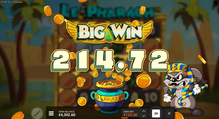 <img src='screenshot2.jpg' alt='Momentaufnahme des Le Pharaoh-Slots, die einen BIG WIN in Höhe von 214,72 € zeigt und Münzen, die von den Walzen fallen.'>