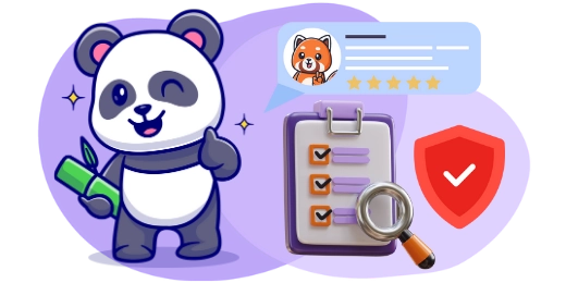 Ein Cartoon-Panda reitet eine Rakete umgeben von Brieftasche, Geld, Schild und Münzen neben dem Text \