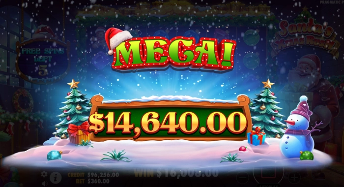 Ein Screenshot von Santa's Wonderland von Pragmatic Play zeigt einen GEWINN in Höhe von 14.640,00 $ in festlicher Umgebung mit Weihnachtsmotiv, Schnee und Geschenken.