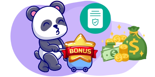 <p>Cartoon-Panda mit Kopfhörern arbeitet an einem Computer, daneben befinden sich Smartphone, Geld und ein PLAY-Button.</p>