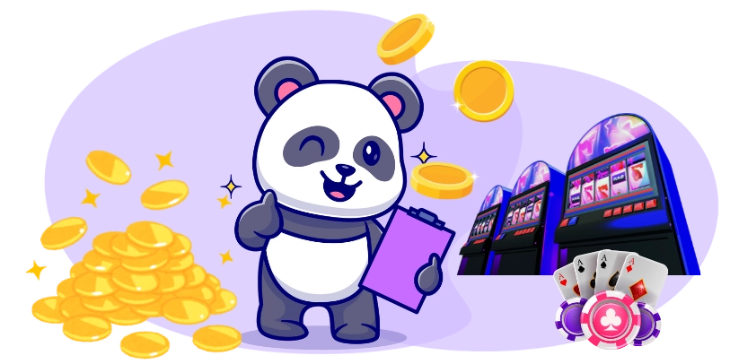 Zwinkernder Cartoon-Panda mit einem Klemmbrett sowie Münzen, Spielautomaten, Spielkarten und Chips.