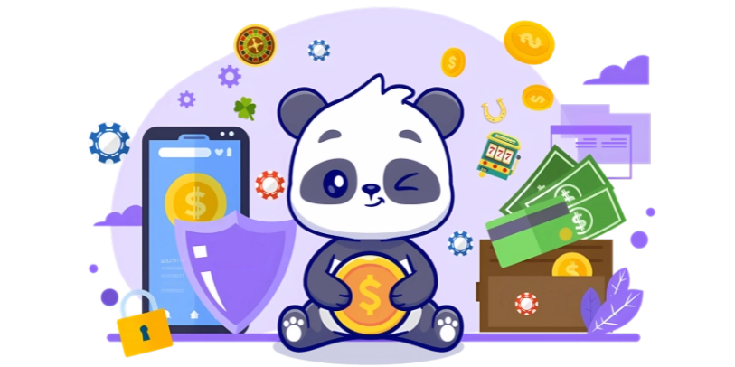 Cartoon-Panda mit einer Münze in der Hand, zeigt ein Telefon mit Dollarzeichen und Casino-Elementen wie Roulettes und 777.