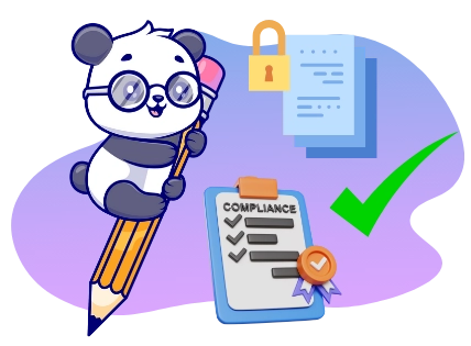 Ein niedlicher Panda mit Brille, Stift und einer Checkliste überprüft Lizenzen und Sicherheitsstandards für Backseat Gaming Casinos.