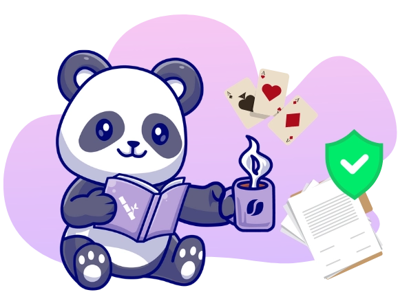 Cartoon-Panda liest ein Buch, hält eine Tasse Kaffee und hat Spielkarten sowie ein Sicherheitssymbol mit einem Häkchen dabei.