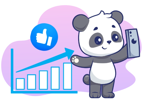 Cartoon-Panda hält ein Telefon mit einem Daumen-hoch-Zeichen und einem steigendem Balkendiagramm.