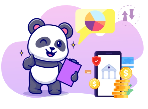 Cartoon-Panda zeigt Daumen hoch und hält ein Klemmbrett. Auf dem Smartphone sind Banksymbole, Münzen und ein Kreisdiagramm abgebildet.
