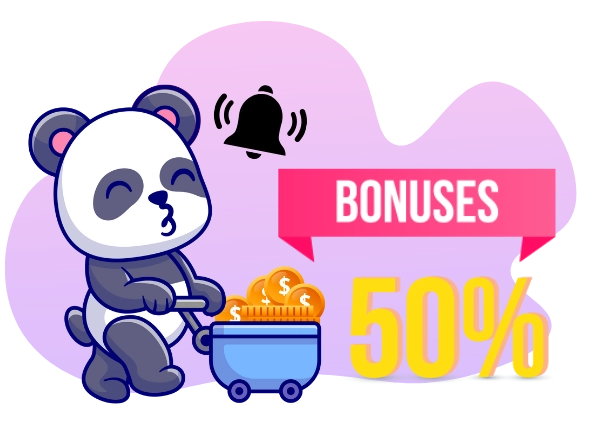 Cartoon-Panda schiebt einen Wagen voller Münzen mit einem Glockensymbol und dem Text 'BONUS 50%'.