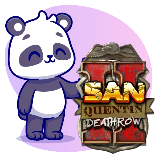 Ein animierter Panda hält eine große Münze, während andere Münzen in eine Geldbörse fallen. Daneben sieht man ein Plakett-Logo mit der Aufschrift San Quentin Death Row.