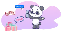 Niedlicher Cartoon-Panda mit einem Handy, umgeben von Geschenkboxen, Bonusangeboten und Registrierungsinformationen im Hintergrund.