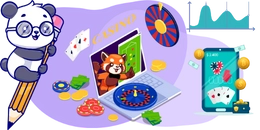 A panda holding a pencil, with a laptop showing casino games, poker chips, and a mobile screen.