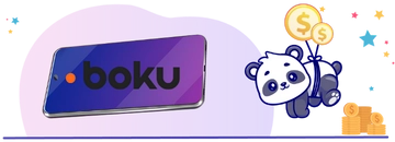 A panda floating with coins next to a phone displaying the Boku logo.