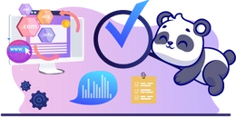 A panda using a computer with hexagons, charts, a checklist, and a large checkmark.