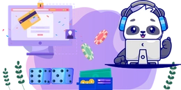 A panda with headphones at a computer, dice, poker chips, and a screen showing a credit card.
