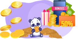A panda holding a large coin with flying coins and a bonuses banner showing 50%.