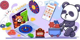 A panda pushing a cart of chips, with a laptop showing casino games and a slot machine.