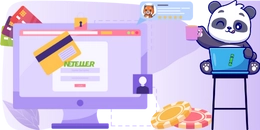 A panda holding a cup, with "NETELLER" on acomputer, showing a credit card, and poker chips in the background.