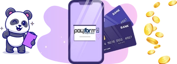A panda beside a phone showing the PayForIt logo, with bank cards and coins.