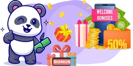 A panda holding a gift box, with coins, bonus signs, and welcome bonuses in the background.