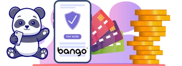 A panda holding a phone with the Bango logo, alongside payment cards and stacked coins.