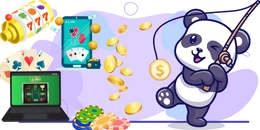A panda with a fishing rod catching a coin, surrounded by a slot machine, poker chips, and cards.