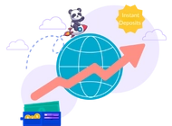 A panda riding a rocket over a globe with an arrow and