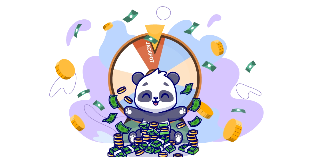 A cartoon panda sits in front of a fortune wheel that says