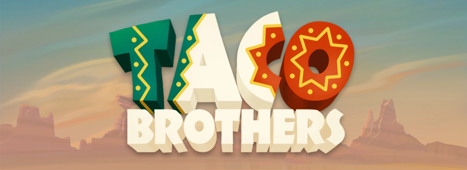 Playful logo of 'Taco Brothers,' with colorful, bold letters designed in Mexican-inspired patterns and colors. The backdrop features a warm desert landscape with soft pastel tones and distant rock formations under a hazy sky.
